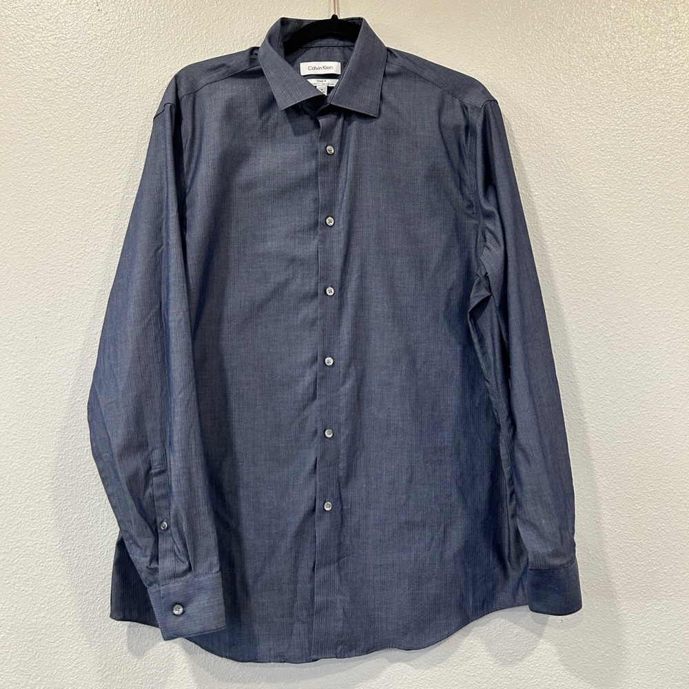 Calvin Klein Steel+‎ Mens Regular Fit Herringbone Dress Shirt Blue Size 16 Large